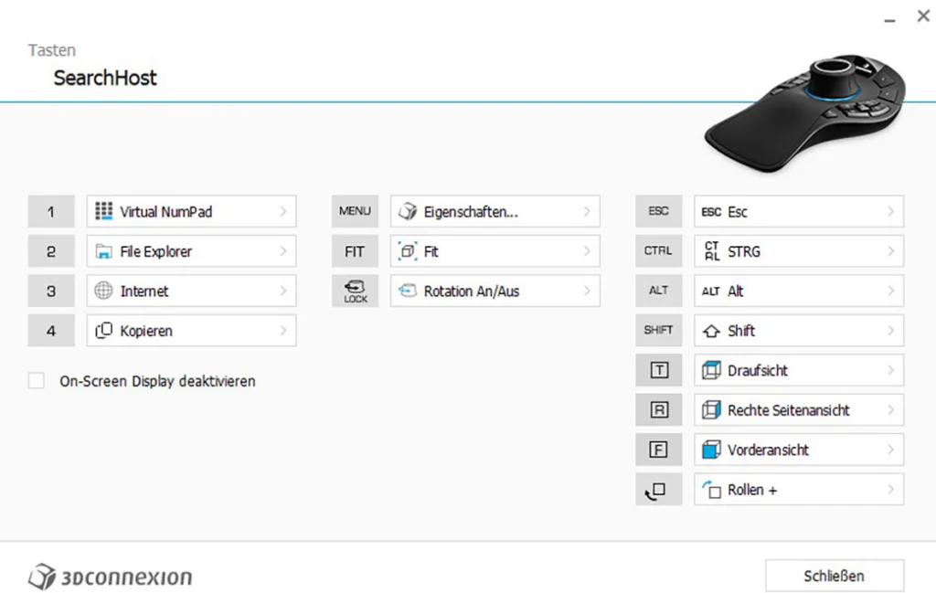 Abb. 3: Gewählte Belegungsoption (Konfiguration) der SpaceMouse Pro für die Steuerung der exocad®-Software (exocad GmbH, Version v3.2-9035/64); Screenshot aus 3Dconnexion home
