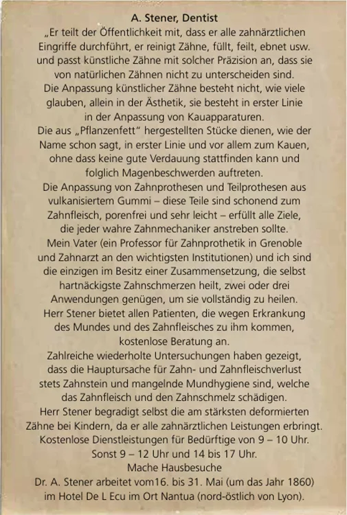  Text einer originalen Werbung eines Dentisten um 1860