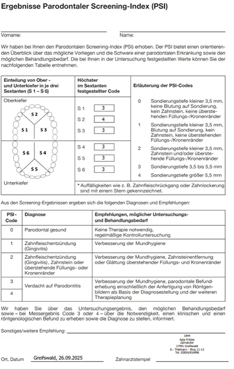 Abb. 5 a-h: Klinische und radiologische Dokumentation eines 57-jährigen männlichen Patienten (geb. 16.3.1968) mit dem PSI-Code 3, 4, 3, 3, 3, 3. Der Patient wurde über das Untersuchungsergebnis, den möglichen Behandlungsbedarf sowie (bei Messergebnis Code 3 oder 4) über die Notwendigkeit, einen klinischen und einen röntgenologischen Befund zu erheben, sowie die Diagnose zu stellen, informiert. Der Patient stellte sich in der Sprechstunde notfallmäßig mit Zahnschmerzen im Oberkiefer rechts vor. Er hatte vor fünf Jahren einen Herzinfarkt erlitten und einen Stent bekommen. Seither war er mit ASS 100 antikoaguliert. Dargestellt ist die Wundversorgung nach der Extraktion des Zahnes 18 mit einem Gelatineschwämmchen und adaptierenden Nähten bei einem Patienten, der Thrombozytenaggregationshemmer einnimmt.