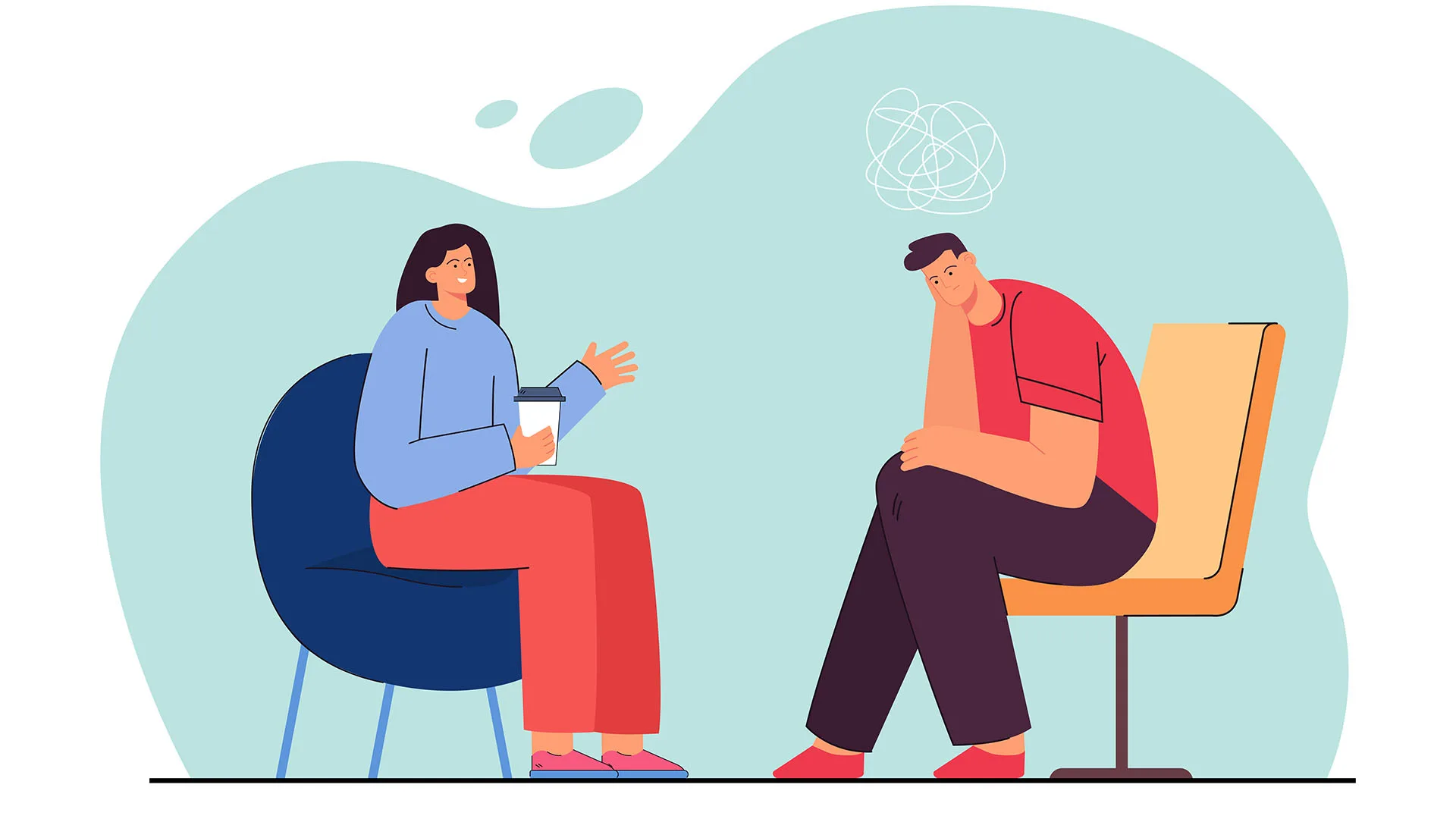 Illustration von zwei Menschen die sich unterhalten, der eine hat Probleme.