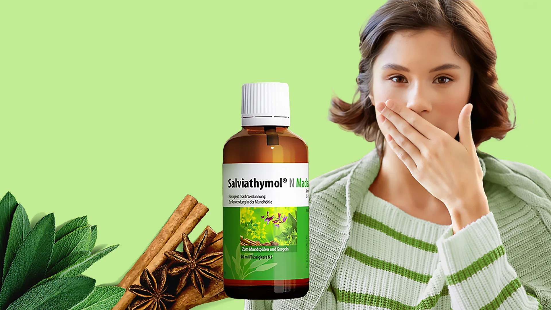 Eine hält sich eine Hand vor den Mund und im Vordergrund ist eine Produktabbildung der Mundspülung Salviathymol® von Cooper Consumer Health.