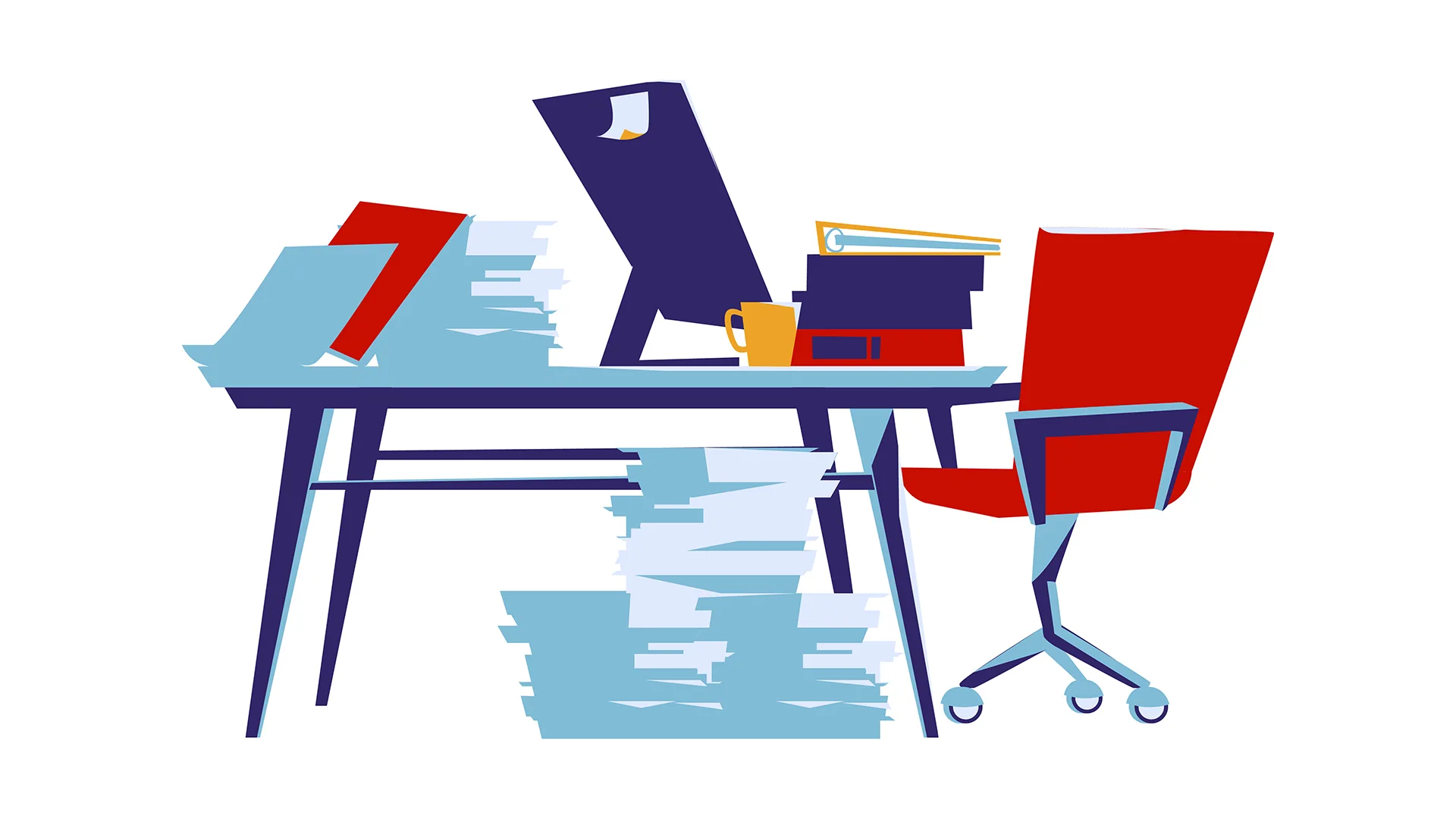 Illustration eines Arbeitsplatzes mit sehr vielen Unterlagen