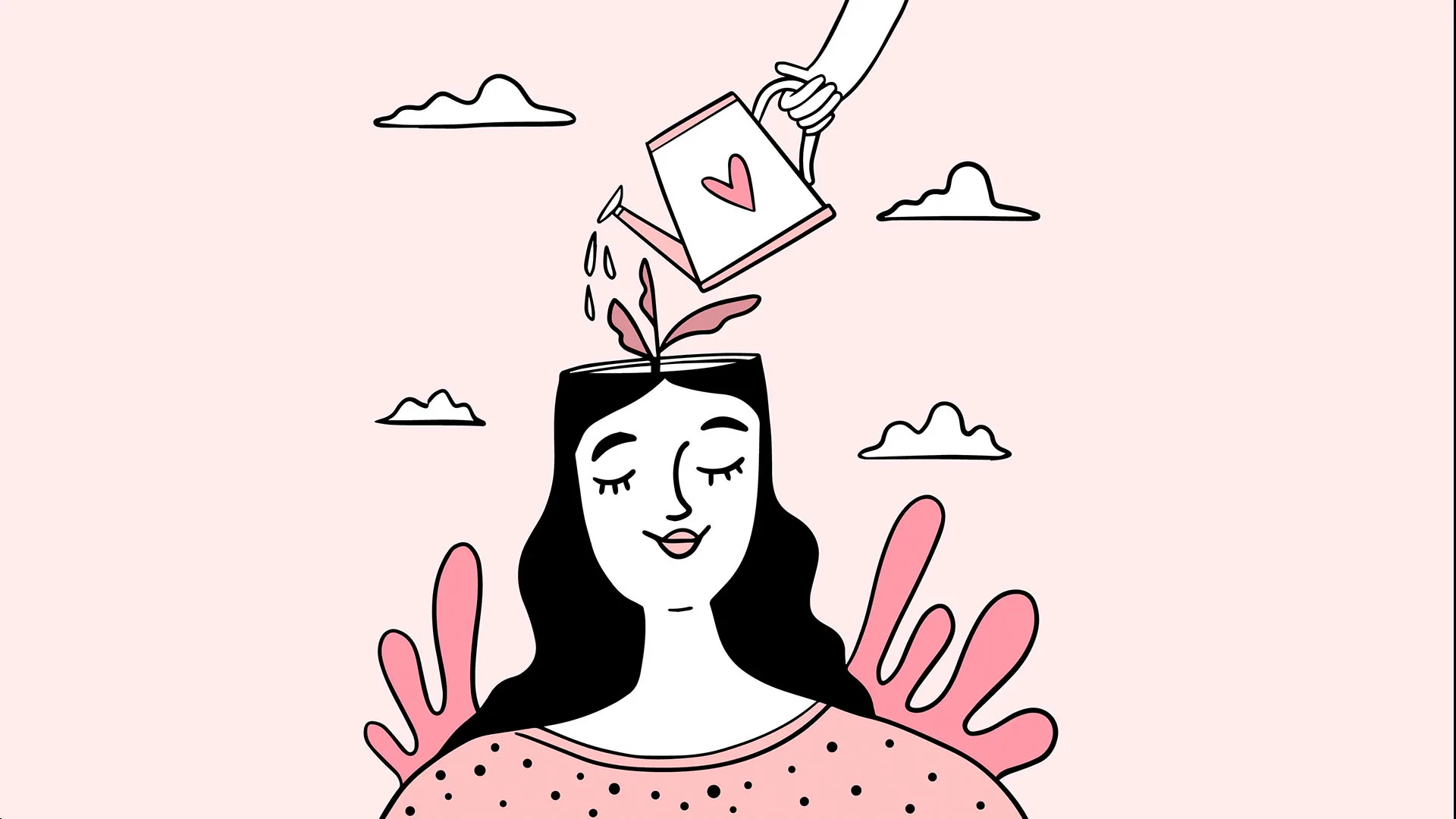 Illustration einer Frau, aus deren Kopf eine Pflanze wächst, die gegossen wird.