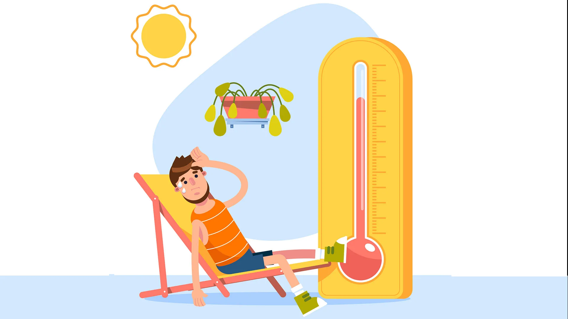 Illustration eines Mannes der schwitzt, einer Sonne, einer verwelkten Pflanze und einem Thermostat.
