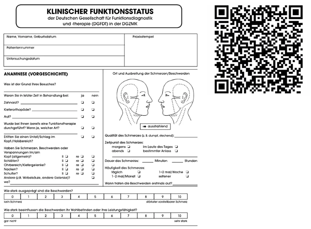 Abb. 3: QR-Code zum klinischen Funktionsstatus (Seite 1 – vom Patienten auszufüllen;, Seite 2 – vom Behandler auszufüllen).