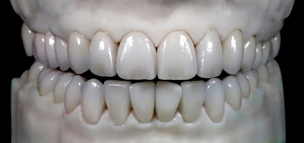 Abb. 9: Lithium-Disilikat-Kronen und -Veneers sowie eine Zirkonoxidbrücke