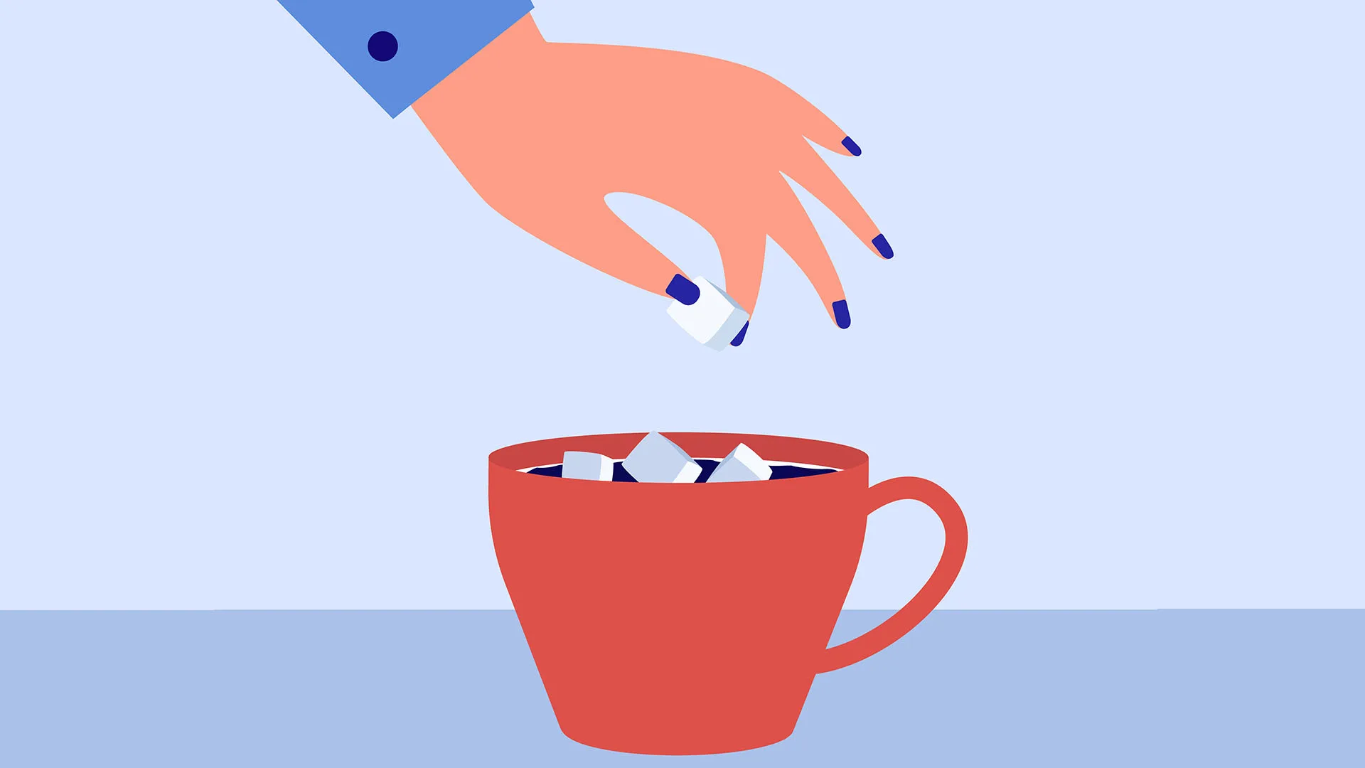 Eine Illustration einer Kaffeetasse, in der Zuckerwürfel sind und eine Frauenhand, die einen weiteren Würfen reinwirft.