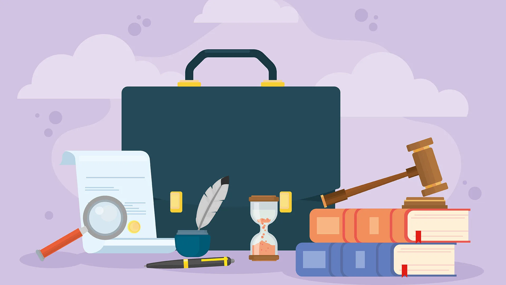 Illustration eines Bürokoffers, ein Hammer, eine Lupe und Bücher.