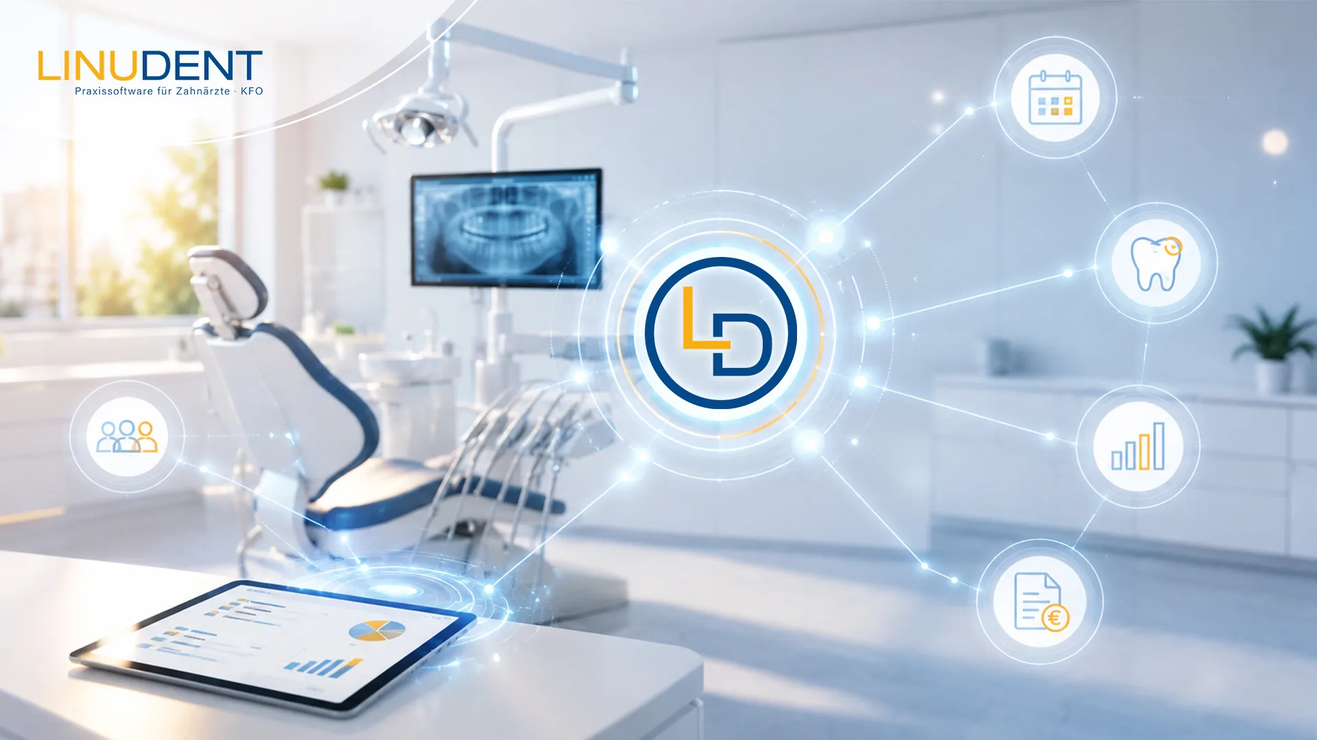 Helles Behandlungszimmer beim Zahnarzt mit einer Behandlungseinheit und der Praxissoftware LinuDent.