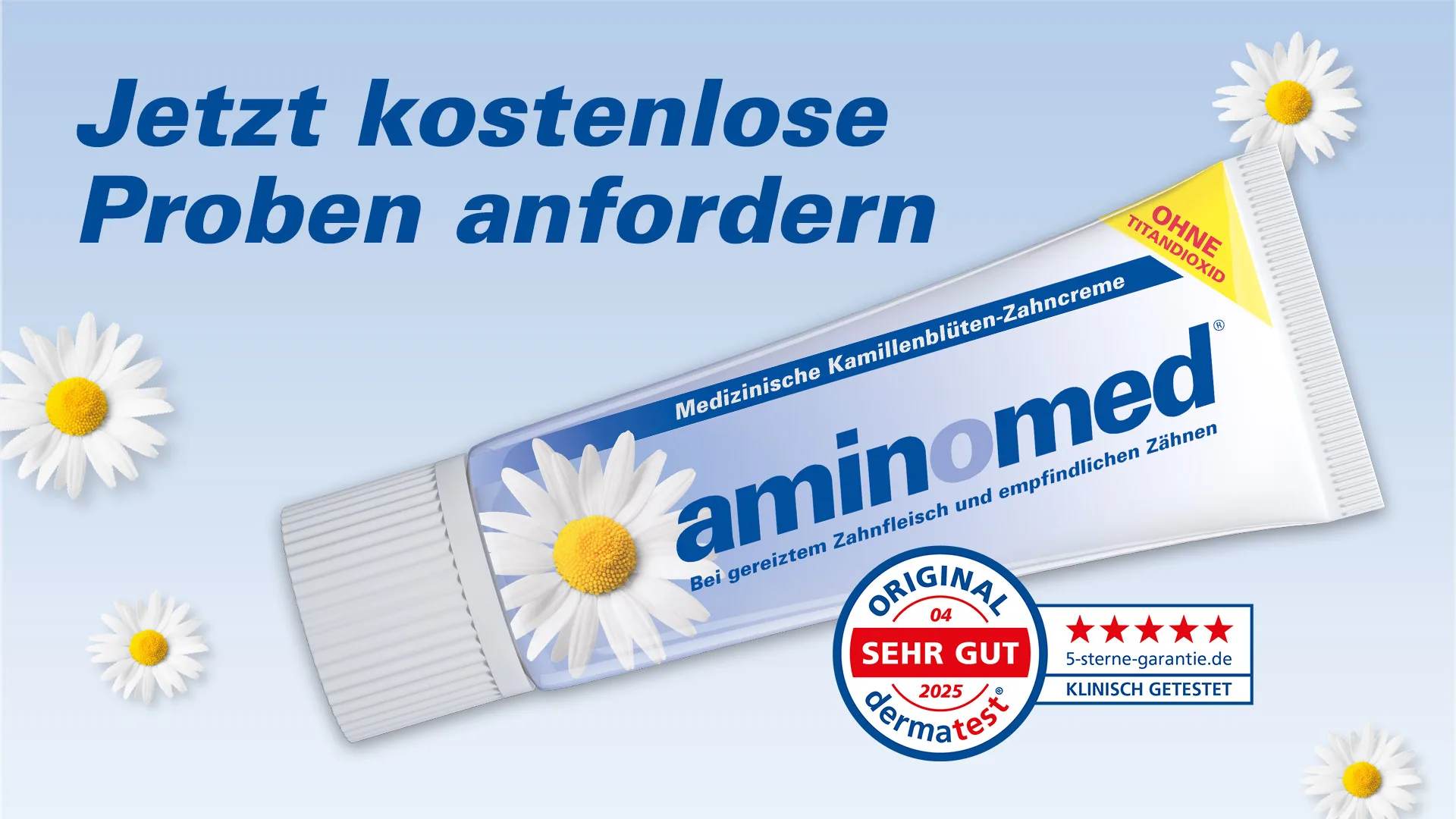 Produktabbildung Zahncreme Aminomed von Dr. Liebe mit dem Hinweis, dass kostenlose Proben angefordert werden können.