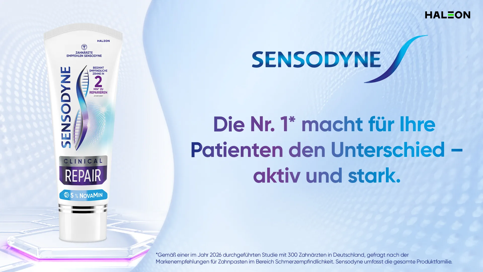 Produktabbildung der Zahnpasta Sensodyne Clinical Repair mit NovaMin gegen schmerzempfindliche Zähne von Haleon.