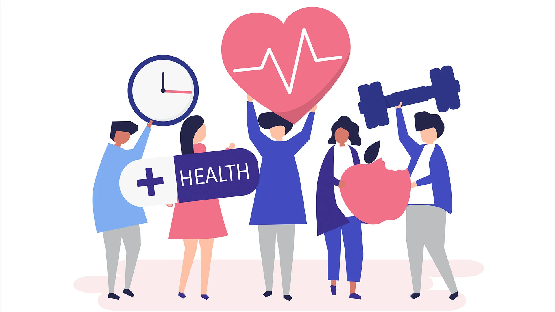 Illustration einer Menschengruppe die verschiedene Sachen für die Gesundheit hochheben