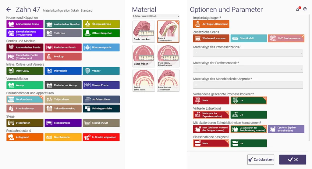 Abb. 5: Zusätzlich werden die Optionen „360° Prothesenscan“ und „Vorhandene gescannte Prothese kopieren“ aktiviert.