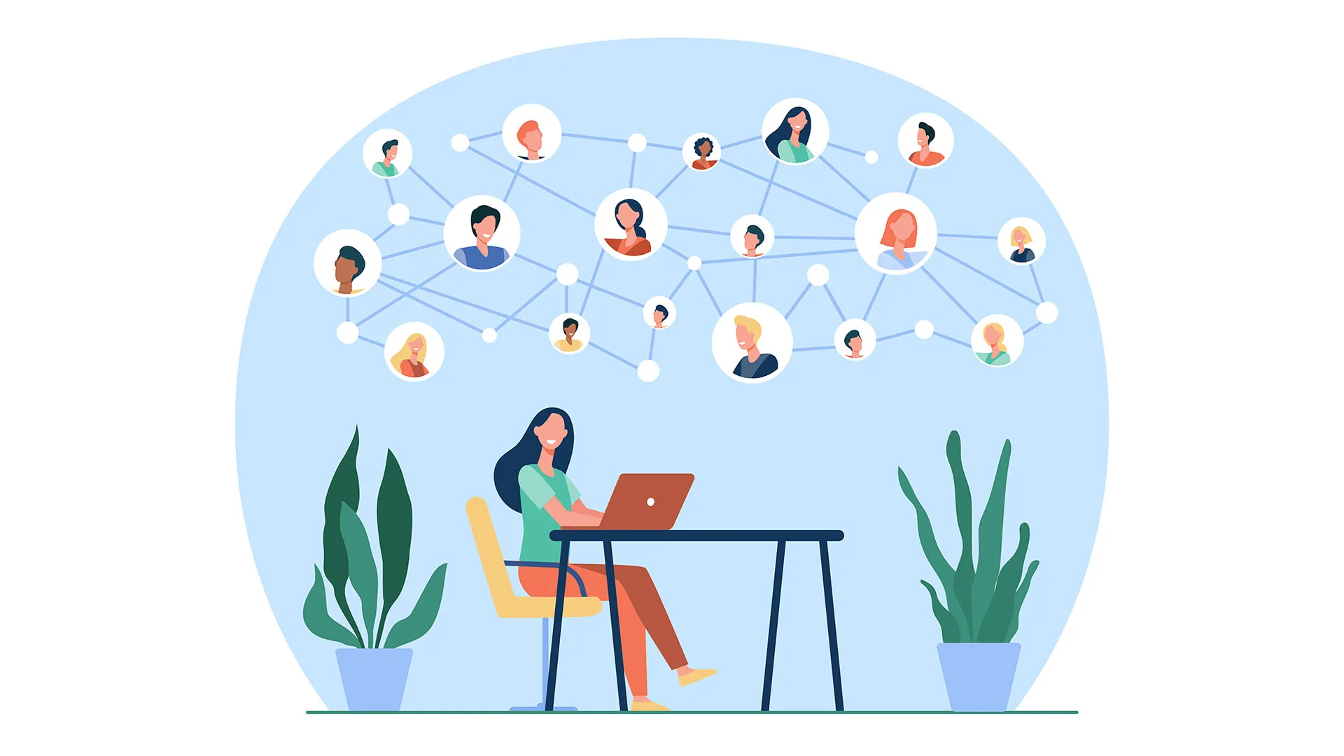 Illustration einer Frau die vor ihrem Laptop sitzt und über ihr ein ganzes Netzwerk mit Menschen die miteinander verbunden sind.