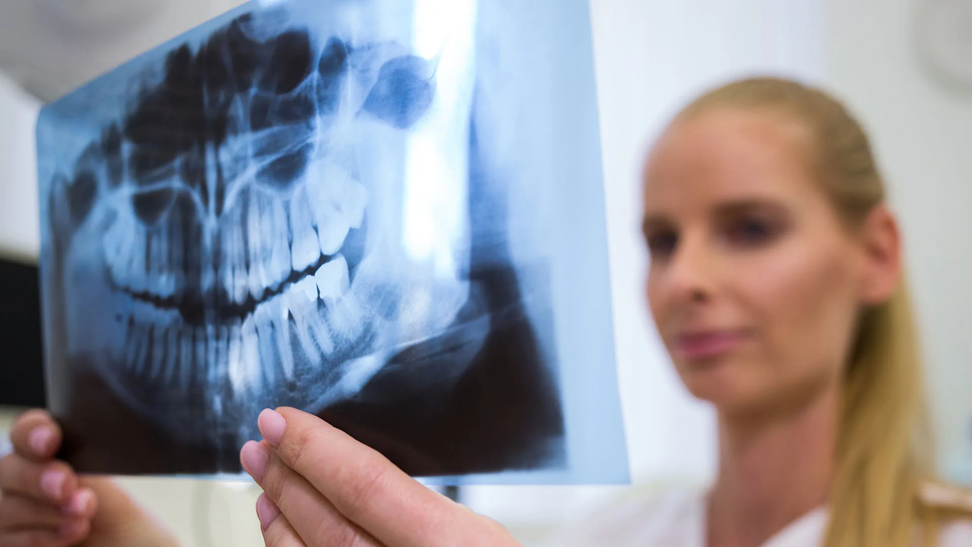 eine Frau schaut sich eine Röntgenaufnahme an