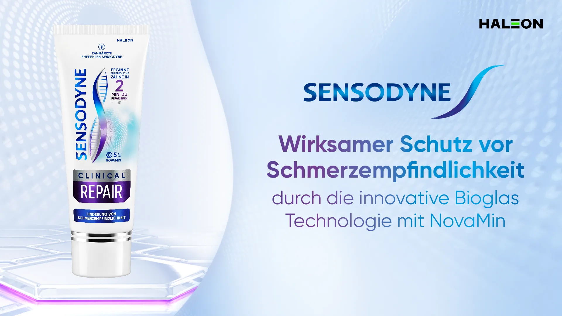 Produktabbildung der Zahnpasta Sensodyne Clinical Repair mit NovaMin von Haleon für schmerzempfindliche Zähne.