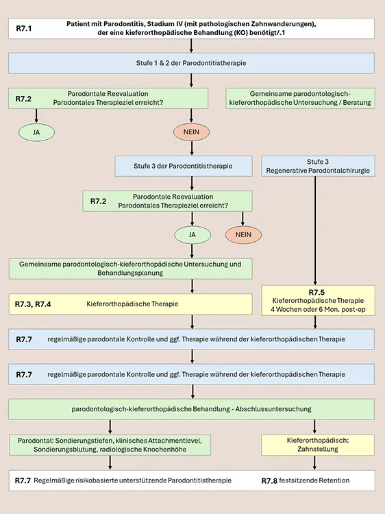 Abb. 3: Flussdiagramm, wie die kieferorthopädische Therapie von Stadium-IV-Parodontitis-Patienten in die systematische Parodontitistherapie integriert wird, unter Benennung der entsprechenden Empfehlungen (R) aus der EFP-Leitlinie für Parodontitis Stadium IV [1]. Die Stufen der Parodontitistherapie sind in der EFP Leitlinie für Parodontitis Stadium I–III beschrieben [4]. Eine offizielle Adaptation der DG PARO existiert (noch) nicht. Dies ist eine Eigenübersetzung der Autoren.