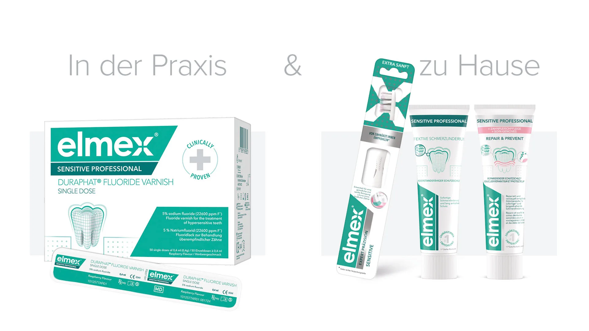 elmex® SENSITIVE PROFESSIONAL Duraphat® Fluoridlack für die Praxis. Für zu Hause: elmex® EXPERT PRÄZISION SENSITIVE Zahnbürste, elmex® SENSITIVE PROFESSIONAL Zahnpasta und elmex® SENSITIVE PROFESSIONAL REPAIR & PREVENT Zahnpasta