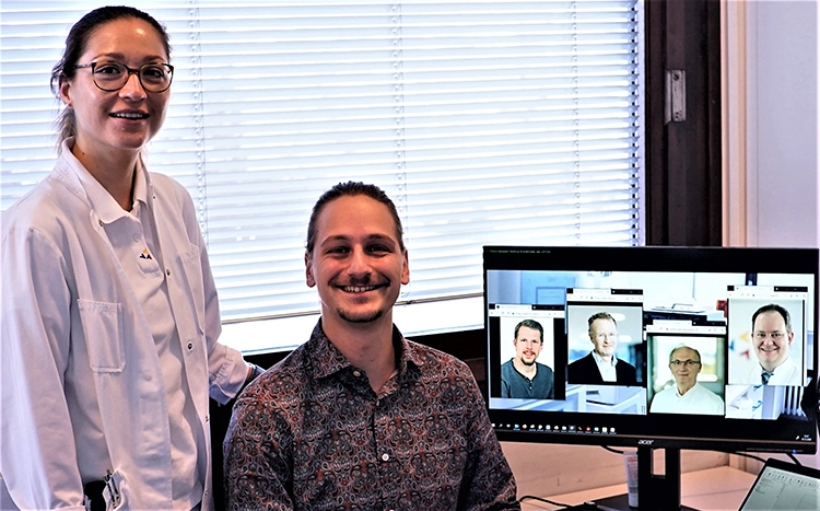 Abb. 1 (v.l.n.r.): 1. Arbeitsgruppe: Dr. Christina Weise, Alexander B. Xepapadeas MSc. ; Screenshot: Sebastian Spintzyk MSc DT, Prof. Dr. Christian F. Poets, Prof. Dr. Dr. Sigmar Reinert, Prof. Dr. Bernd Koos (Dep. Orthodontics Univ. Hosp. Tübingen).