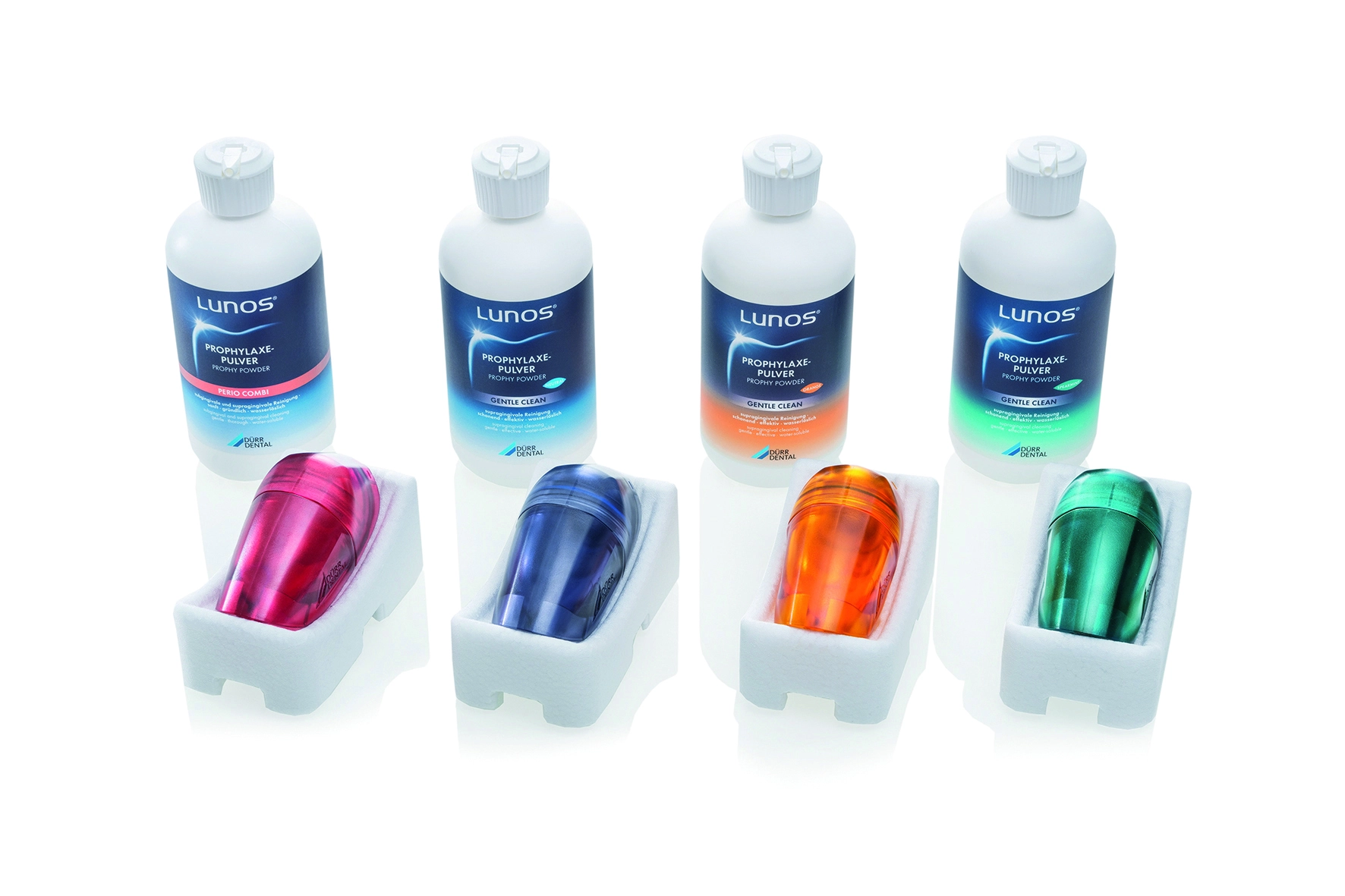 Lunos® Prophylaxe-Pulver von Dürr Dental gibt es in 4 Geschmacksrichtungen.