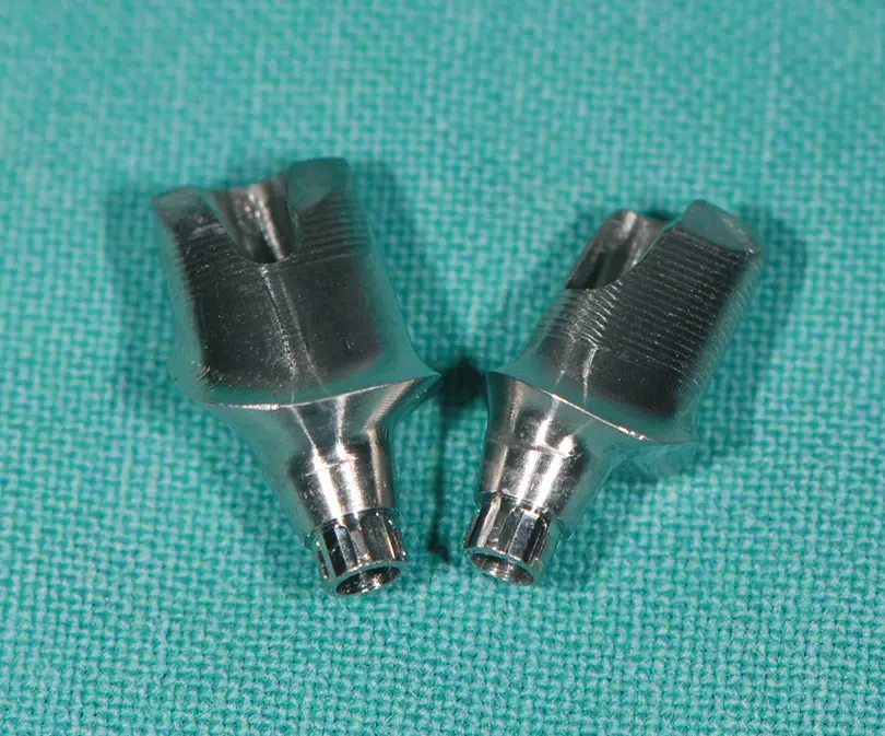 Abb. 19a: Zum Einsetzen bereit: CAD/CAM-Abutments, vollkeramische Kronen, Übertragungsschlüssel.