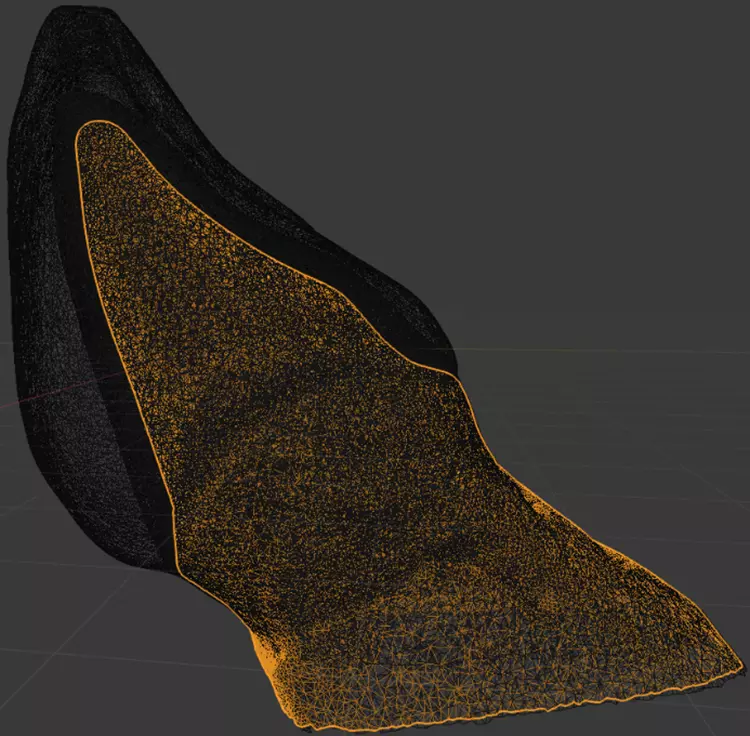 Abb. 3: Geschichtete Dreiecksnetze, die nach jedem Arbeitsschritt eines Schichtvorgangs aus Scans mit einem an der LMU verfügbaren Scanner erstellt wurden. Orange markiert ist das Dreiecksnetz des Stumpfes, darüberliegend als erste Schicht das Käppchen, als zweite Schicht der Liner und als äußere Schicht Dentin/Schneide. Rechts die Situation als transparentes Objekt dargestellt.