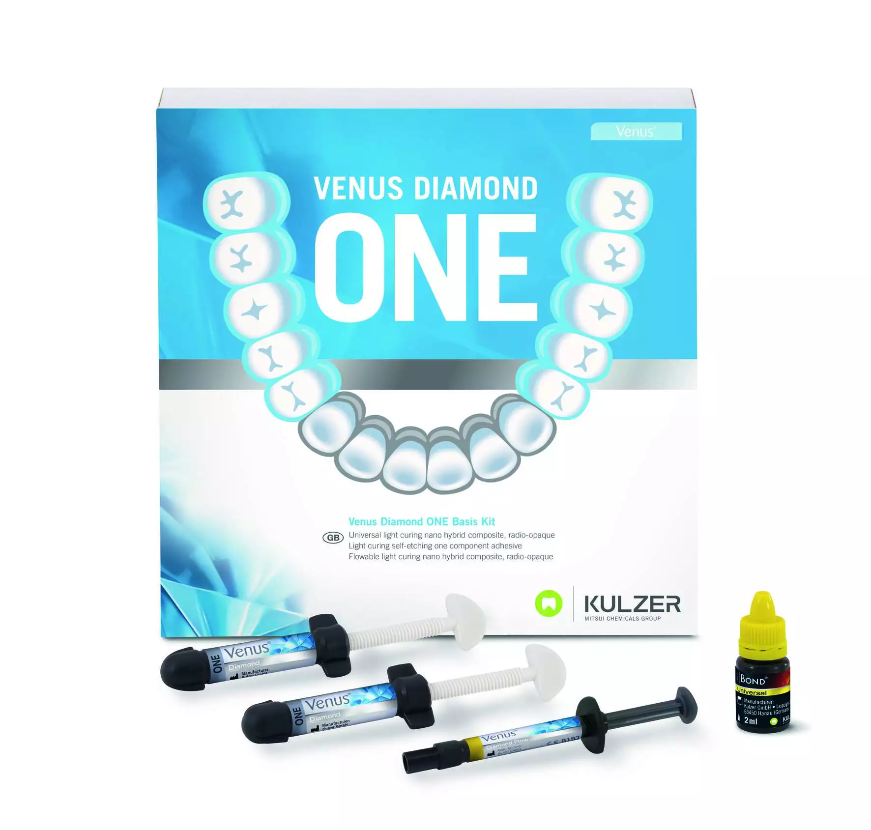 Das Komplettpaket für die täglichen Restaurationen: Venus Diamond ONE Basis Kit enthält Venus Diamond ONE, Venus Diamond Flow Baseliner und iBOND Universal.