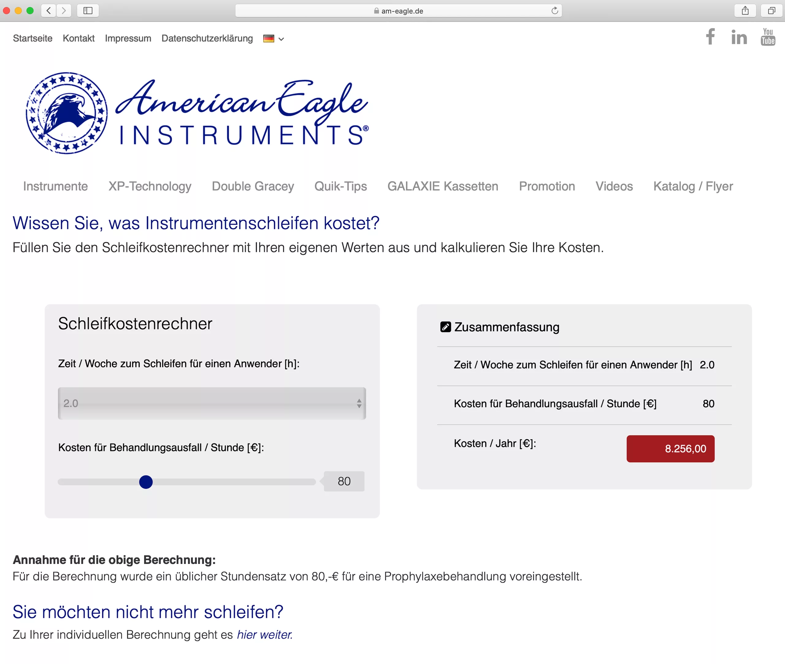 Der Schleifkostenrechner von American Eagle.