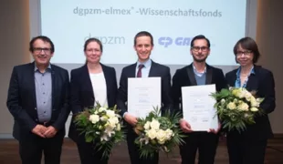 V.l.: Prof. Dr. S. Zimmer (Präsident der DGPZM), Prof. Dr. N. Schlüter, ZA B. Luka, Dr. K. Schoilew (Förderempfänger), Dr. M. von Schmettow (CP GABA)