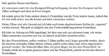 Abb. 1: E-Mail-Anfrage einer Patientin; ihr Wunsch ist eine ästhetische Korrektur ihrer Schneidezähne.