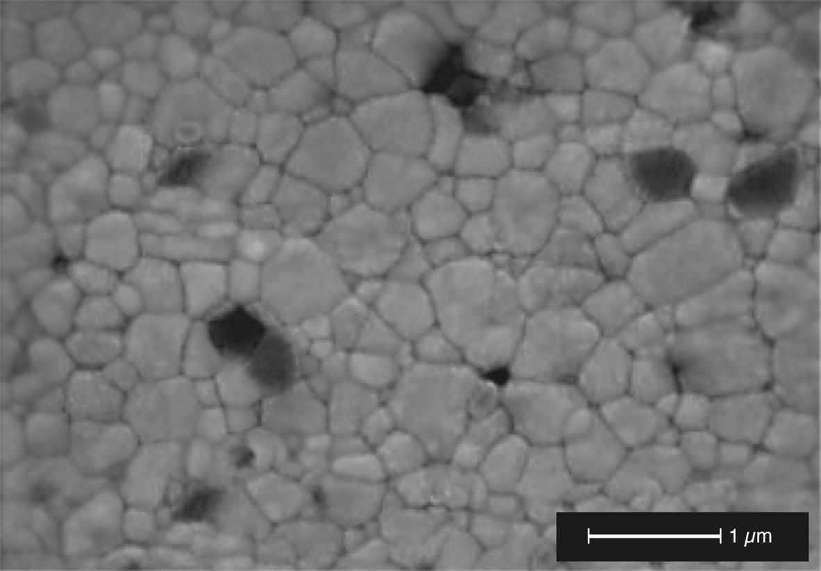 Abb. 1: Ein Aluminium-Anteil von nur 0,25 % (dunkle Moleküle auf dem Elektronen-Mikroskop-Bild) reicht vollkommen aus, um die hydrothermale Alterung des Zirkons zu verhindern. Das Zirkon-Granulat sollte zudem keine Korngröße von mehr als 0,4 microns aufweisen.