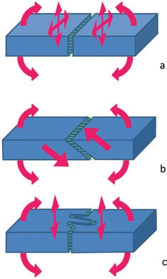Abb. 1: Suturenformen mit Bindegewebsfasern (grün) und möglichen Bewegungsrichtungen (rot); a) Sutura plana, b) Sutra squamosa, c) Sutura serrata.