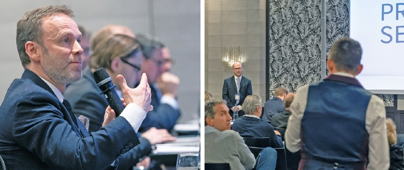 Impressionen vom PROSEC Symposium 2019 in Frankfurt: Prof. Dr. Ronald Jung vom wissenschaftlichen Beirat (links) und ein Blick in die Abschlussdiskussionen mit dem Auditorium.