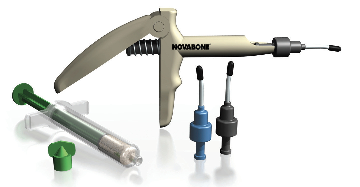 NovaBone Dental Putty, das vollsynthetische Knochenersatzmaterial, mit proprietärem Kartuschen-Applikationssystem und Einweg-Einzeldosis-Kartuschen oder in der vorgefüllten Spritze.
