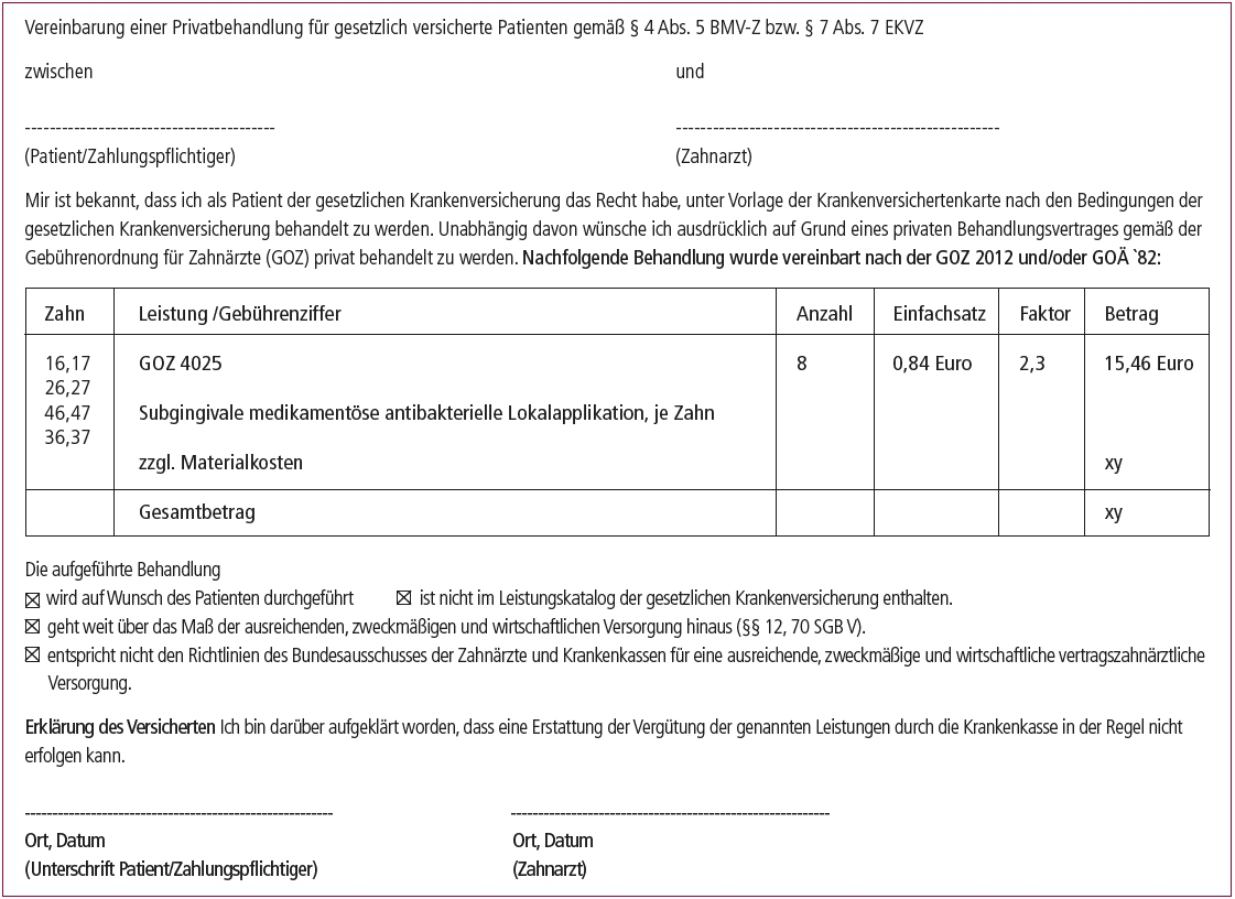 Vereinbarung einer Privatbehandlung für gesetzlich versicherte Patienten.