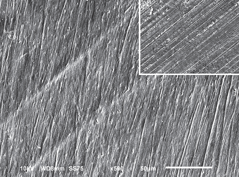 Abb. 2: Dentinoberfläche nach Verwendung einer Polierpaste. Kleines Bild im oberen rechten Bildrand zum Vergleich: Schmierschicht („smear layer“) nach der Verwendung einer feinkörnigen Diamantfräse.