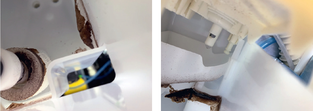 Bilder einer Dentaleinheit: von hygienischem Design keine Spur – stattdessen Befall mit schwarzem Hefepilz Exophiala spec.
