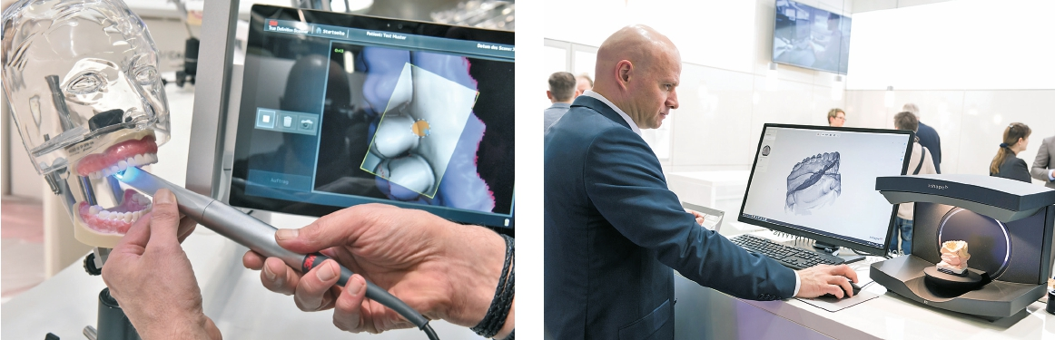 Abb. 3 u. 4: ... und man kann entweder mit dem Intraoralscanner abformen und digital weiterarbeiten – oder man nimmt den Weg von der konventionellen Abformung über ein klassisches Modell und digitalisiert dieses im Extraoralscanner.
