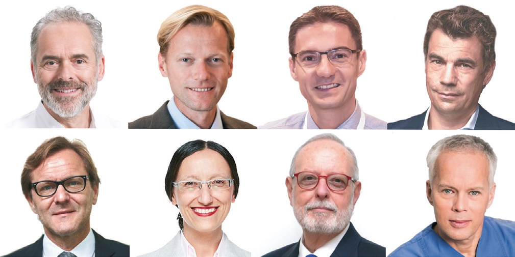 Das „European Council for Ceramic Implantology“ - obere Reihe: Prof. Ralf Kohal (D), Prof. Michael Payer (A), Prof. Jérôme Chevalier (F), Dr. habil. Michael Gahlert (D); untere Reihe: Dr. Curd Bollen (NL), Mutlu Özcan (CH), Prof. Corrado Piconi (I) und Prof. Werner Zechner (A).