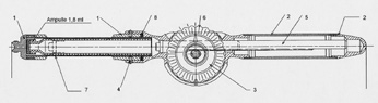 Abb. 3: Modell des Dosierrad-Injektionssystems ohne zwischengelagerte Hebel (1 = Kopfstück, 2 = Handstück, 3 = Dosierrad, 4 = Bajonettverschluss, 5 = Zahnstange, 6 = Dosierzahnkranz, 7 = Sichtfenster mit Bestschutz aus PTFE, 8 = Dichtring).