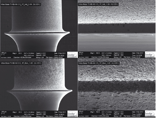 Abb. 3a–d: REM-Übersicht und Detailansicht einer industriell konditionierten Viteo Base und einer manuell konditionierten Oberfläche einer Titanklebebasis (von links nach rechts). Zervikal- und Emergenzprofilbereiche bleiben nach dem kontrollierten Abstrahlprozess im Ursprungszustand erhalten und weisen gegenüber der manuellen Konditionierung keine Beeinträchtigung auf. EM-Analyse-Quelle: ZTM G. Burger Digitale Prozesse/F&E Ivoclar Vivadent Schaan, Liechtenstein