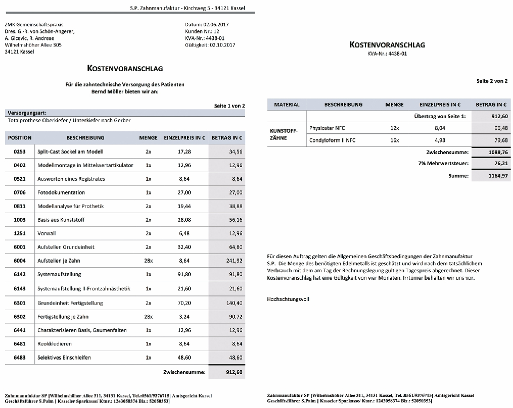 Abb. 3a u. b: Seite 1 und 2 des Kostenvoranschlages.