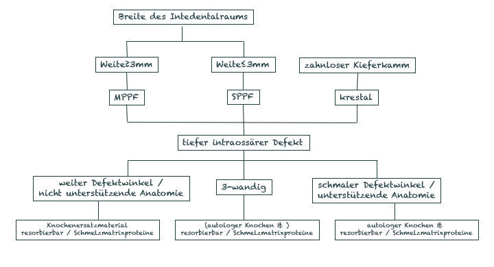 Abb. 3: Schematische Darstellung des therapeutischen Vorgehens bei der parodontalen Geweberegeneration, modifiziert nach Cortellini & Tonetti 2005 [38].