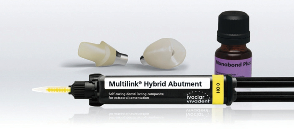 Abb. 3: Das selbsthärtende Befestigungskomposit Multilink Hybrid Abutment für das defi nitive Verkleben von Viteo Base mit Keramikoder PMMA-Strukturen ist in zwei Opazitätsstufen erhältlich.