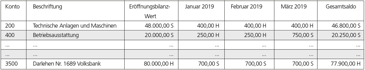 Abb. 3: Auszug aus einer Summen- und Salden-Liste, Jahresübersicht, vereinfachte Darstellung.