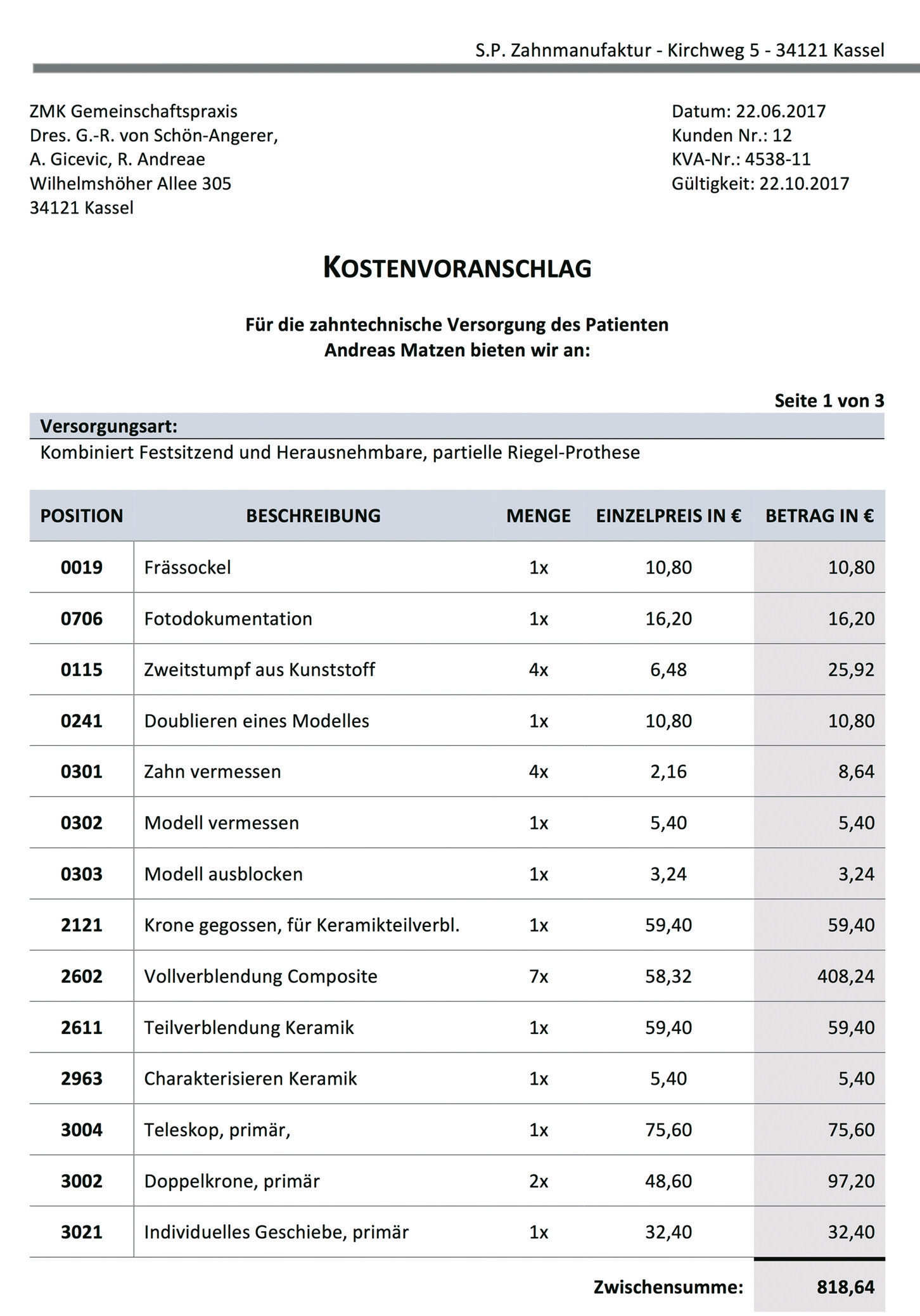Abb. 4a: Der Kostenvoranschlag, drei Seiten umfassend.