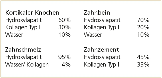 Abb. 6: Knochen und natürlicher Zahn sind sehr ähnlich aufgebaut, die Bestandteile variieren lediglich in wenigen %-Punkten.