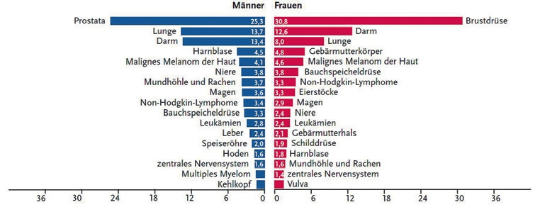 Abb. 4: Prozentualer Anteil der häufigsten Krebsneuerkrankungen in Deutschland 2012 ( RKI, Krebs in Deutschland 2015).