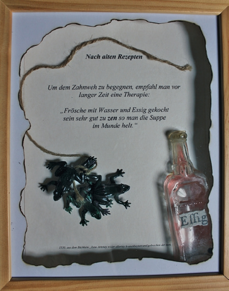 Diese Rezeptur zur Zahnbehandlung ist noch in dem Büchlein „Zene Artzney“, Ausgabe von 1532, aufgeführt. Die sehr mittelalterlich anmutende Spülung kann wohl nur einen Placebo-Effekt gehabt und durch Zauberei gewirkt haben.