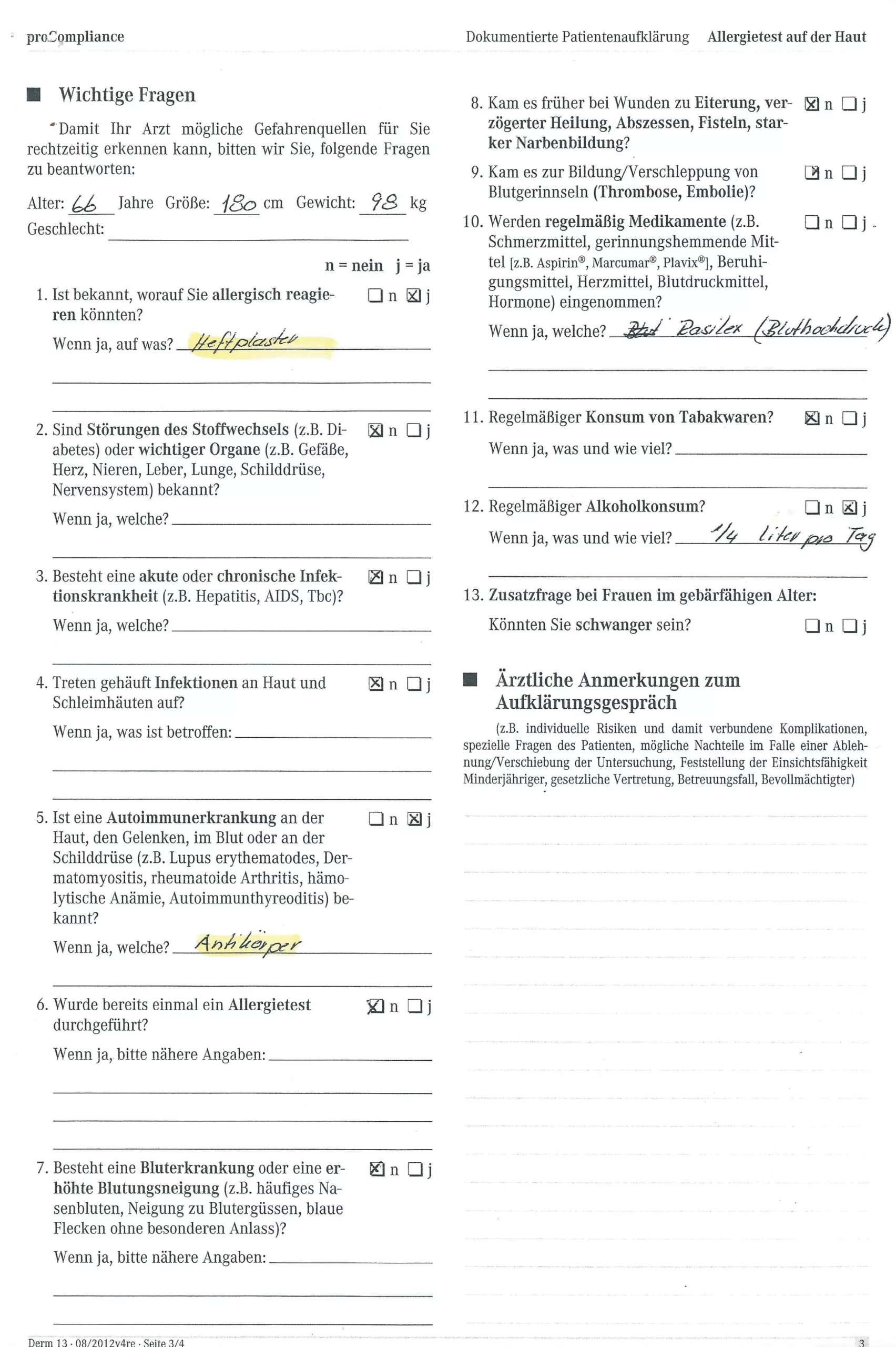 Abb. 9: Fragebogen des Allergologen.